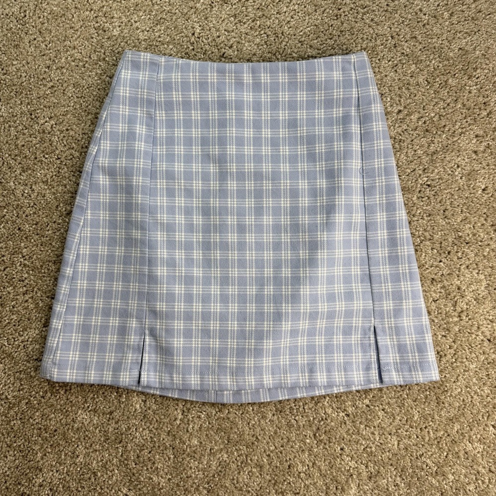 Brandy Melville Skirt Womens 24 Blue Plaid Knit Pencil Short Mini Zip Slit